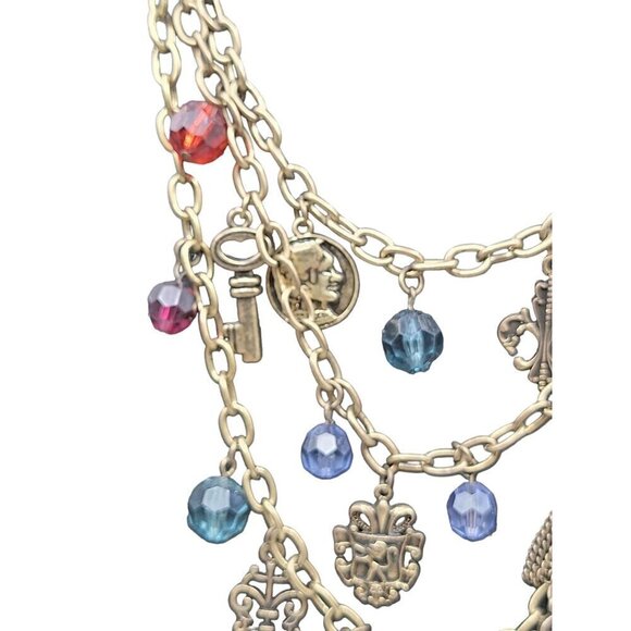 Multistrand Charm Necklace 22" Brass Tone Beads Locks Keys Shield Charms - Picture 6 of 16